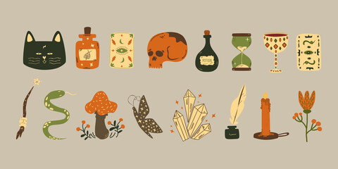 Esoteric and mystical symbols. A set of mystical and magical elements. Vector illustration. Items for fortune telling and magic. Cartoon style. Isolated over white background.