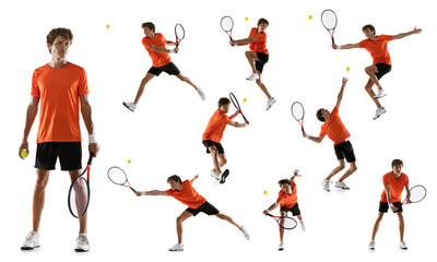 Collage of young man, professional tennis player in motion, training, kicking ball with racket isolated over white background © Lustre Art Group 