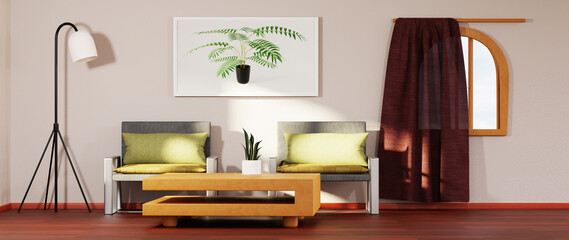3D render of Home interior with ethnic decoration. Modern living room in house or apartment.