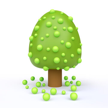 Cartoon tree with green fruit isolated on white background. Colorful modern minimalistic concept render. Stylized funny children clay, plastic or wood toy. Realistic fashion 3d illustration.