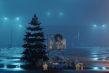 3d rendering of illuminated christmas tree next to shopping trolley at abandoned foggy parking space