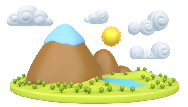 Cartoon nature green landscape with mountain isolate on white color. Colorful modern minimalistic concept render. Stylized funny children clay, plastic or wood toy. Realistic fashion 3d illustration.