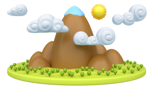 Cartoon nature green landscape with mountain isolate on white color. Colorful modern minimalistic concept render. Stylized funny children clay, plastic or wood toy. Realistic fashion 3d illustration.