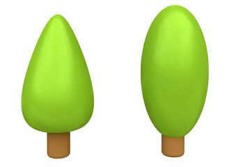 Cartoon green trees isolated on white background. Colorful modern minimalistic concept render. Stylized funny children clay, plastic or soft toy. Realistic fashion 3d illustration.