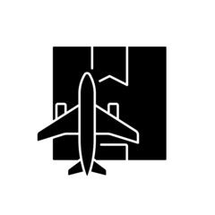 Worldwide air shipping service black glyph icon. Delivering goods and parcels by aircraft. Shipping cargo to client fast. Silhouette symbol on white space. Vector isolated illustration