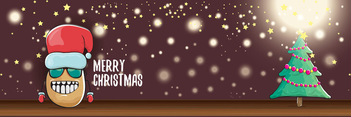 vector funky cartoon smiling santa claus potato with red santa hat and calligraphic christmas text on horizontal night background with blur and lights. vegetable funky christmas food character