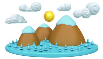 Cartoon nature winter landscape with mountain isolate on white color. Colorful modern minimalistic concept render. Stylized funny children clay, plastic or wood toy. Realistic fashion 3d illustration.