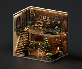 Isometric room merry christmas night themes event with house decoration 3d rendering