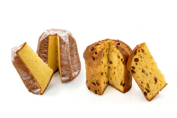 Pandoro and Classic Panettone cut with slice - Traditional Christmas Italian cakes , isolated on...