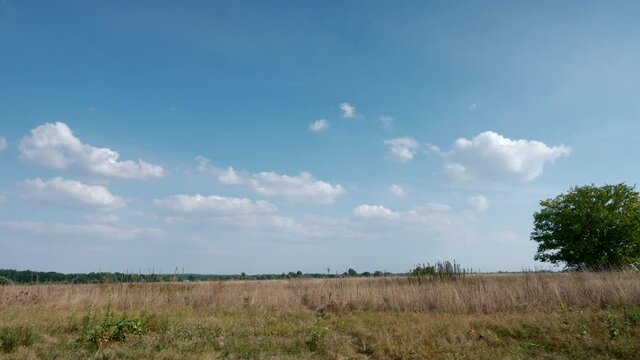 Panorama Blue Sky Over Plains Pastures Field Landscape. Side View out of Car Window. Travel Off-road. Countryside Country Rural Scene 4K