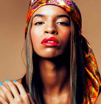 beauty bright real african woman with creative make up, shawl on head like cubian closeup smiling