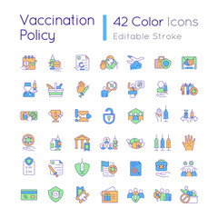 Public health recommendations RGB color icons set. Covid vaccination requirement. Herd immunity. Vaccine refusal. Isolated vector illustrations. Simple filled line drawings collection. Editable stroke