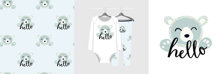 Seamless pattern and illustration set with bear and Hello text