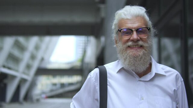 Mature self-confident man with white hair and beard, in stylish eyeglasses looking at camera and smiling, mature man political scientist taking straw poll, satisfied with elections results