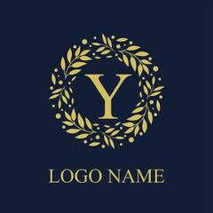 Initial Y Letter in Circle Leaves Wreath Frame for Cosmetic, Make up, Fashion, Hotel, Resto, Resort, Real Estate, Apartment Business Logo Vector Template