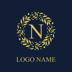 Initial N Letter in Circle Leaves Wreath Frame for Cosmetic, Make up, Fashion, Hotel, Resto, Resort, Real Estate, Apartment Business Logo Vector Template