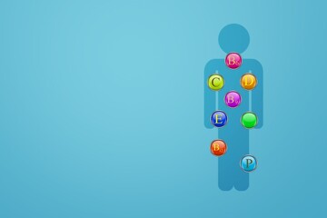 A silhouette of a man with an image of vitamins on it on a background