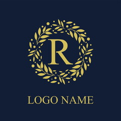 Initial R Letter in Circle Leaves Wreath Frame for Cosmetic, Make up, Fashion, Hotel, Resto, Resort, Real Estate, Apartment Business Logo Vector Template