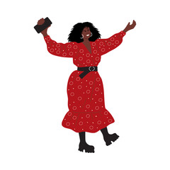 Happy african woman in beautiful dress with phone in her hand. Good news, joyful message, important call. Education and business. Colorful flat character, isolated on white background