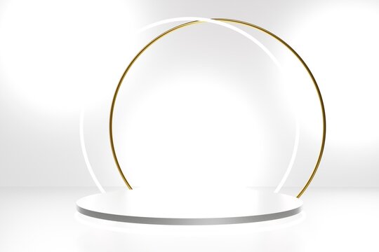 3d render of silver podium on a white lit background with white and gold neon arch ring
