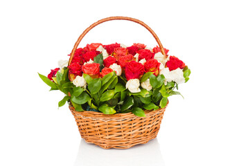 Fototapeta na wymiar Bouquet of roses in wicker basket isolated on white background