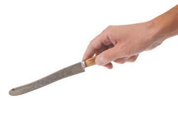 Man hand holding table knife isolated on white background