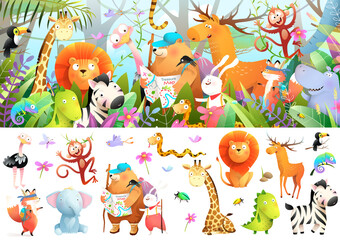 Many animals in jungle adventure expedition. Bear, lion rabbit and others hiking in forest, hiding in bushes. Isolated animals clipart kids storytelling and games. Watercolor style vector.