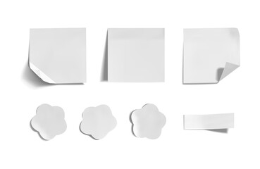 set of white memo stickers, white paper, 3D blank mock ups isolated.