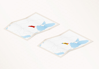 Fototapeta na wymiar Two versions of a folded map of Moldova with the flag of the country of Moldova and with the red color highlighted.