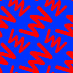Vector simple illustration with red color wave zigzag on blue background. Flat style seamless pattern design with zigzag shape