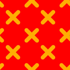 Vector simple illustration with yellow color line cross on red background. Flat style seamless pattern design with cross shape