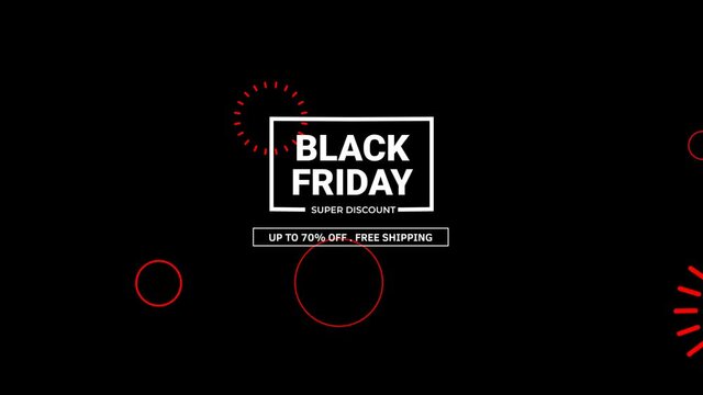 Black Friday sale animation. Super discount type text, Up to 70 percent off. Free Shipping. Motion graphics.