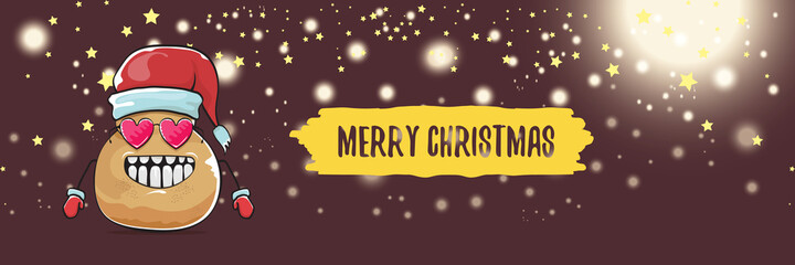 Fototapeta premium vector funky cartoon smiling santa claus potato with red santa hat and calligraphic christmas text on horizontal night background with blur and lights. vegetable funky christmas food character