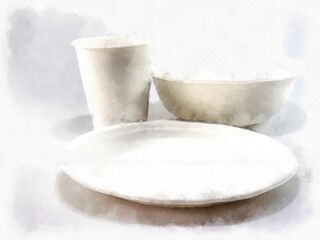 Set of plates glasses and paper cups watercolor style illustration impressionist painting.