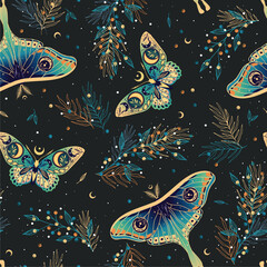 Elegant celestial seamless pattern with herbs. Boho magic background with space elements stars, butterflies. Design for card, fabric, print, greeting, cloth, poster, clothes, textile.