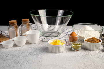 Various bread cookies dough making ingredient flour butter egg blow block mold mixing placing together on table in kitchen