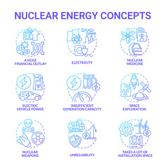 Nuclear energy blue gradient concept icons set. Innovative nuclear technology idea thin line color illustrations. Unreliability. Huge financial outlay. Vector isolated outline drawings