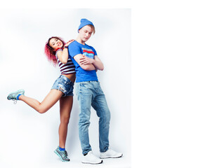 Obraz premium best friends teenage girl and boy together having fun, posing emotional on white background isolated, latin american and caucasian