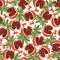 Vector repeating texture with stylized pomegranate. Abstract seamless pattern. Vegetarian product, healthy food. Fruit print for cards, backdrops, posters, t-shirts, textile.