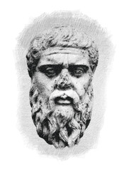 Plato pen sketch illustration. Greek philosopher and scientist. Poster, Wall Decoration, Postcard, Social Media Banner, Brochure Cover Design Background. Vector Pattern. 