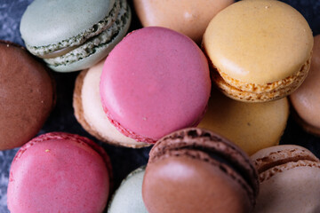 Close-up of some macarons of different flavors.