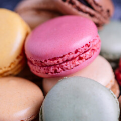 Close-up of some macarons of different flavors.