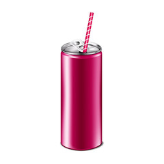 Drink aluminum can with drinking straw mockup. Blank aluminium beverage packaging. Vector illustration for design