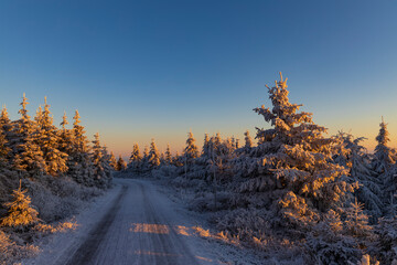 Sunrise in winter landscape near Velka Destna, Orlicke mountains, Eastern Bohemia, Czech Republic