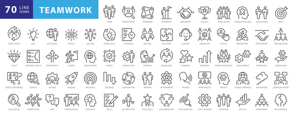 Fototapeta Business teamwork, team building, work group and human resources minimal thin line web icon set. Outline icons collection. Simple vector illustration obraz