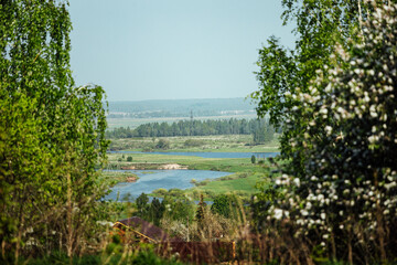 a blooming apple tree on a cliff. beautiful panorama of the river valley going down