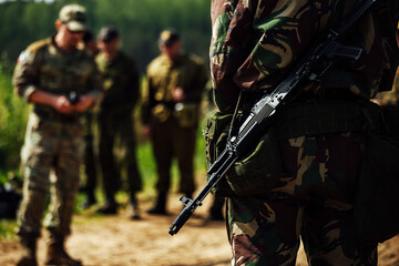 the weapon is on the belt of a special forces soldier. modern combat equipment of an elite soldier