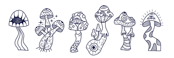 Collection of vector magic mushrooms in monochrome style. 