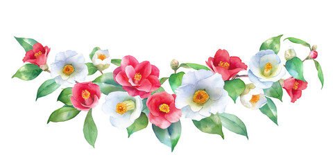 紅白のツバキの水彩イラスト。装飾フレーム。ヤブツバキ。 
