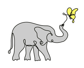 Silhouette of abstract color elephant as line drawing on white. Vector